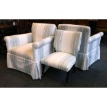 A pair of contemporary easy tub chairs with striped upholstery, together with a pair of matched side