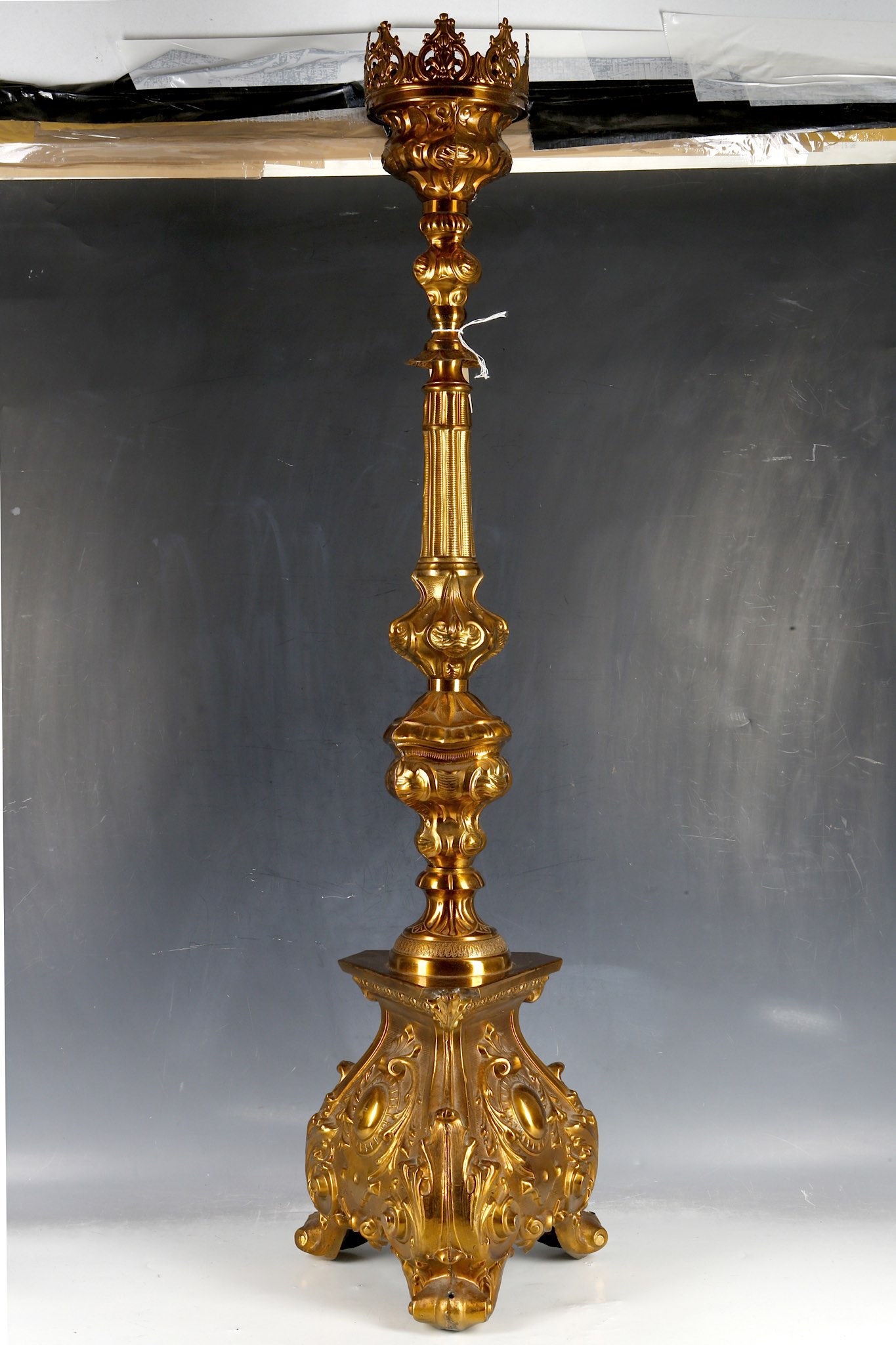 A large late 19th/early 20th century church candlestick on triform base, 1007cms high - Image 2 of 2