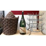 Flagon/demijohn + large empty Champagne bottle + Antique French bottle drying stand