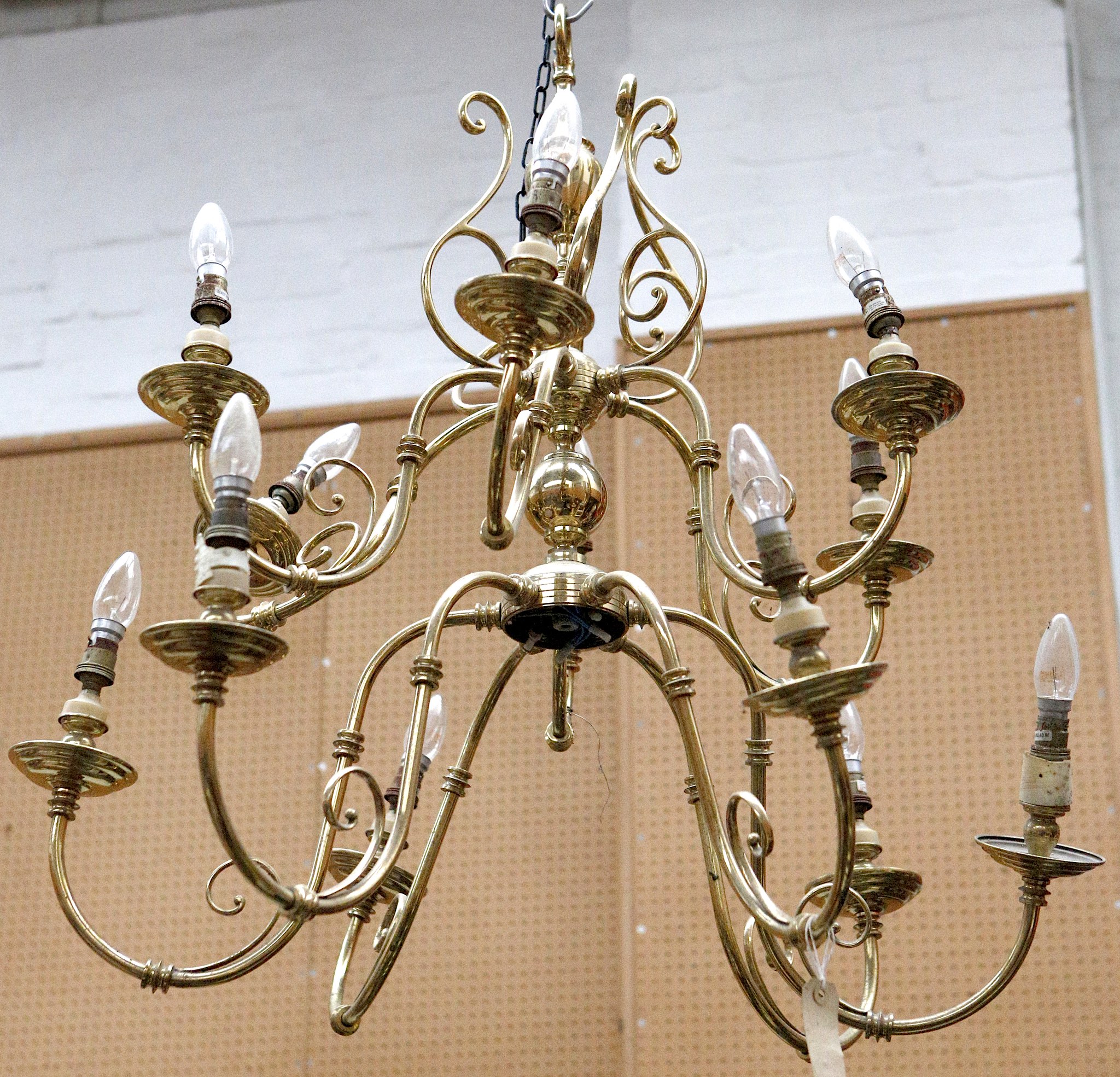 A Dutch style brass twelve branch chandelier sold with another brass chandelier with two tiered - Image 2 of 2