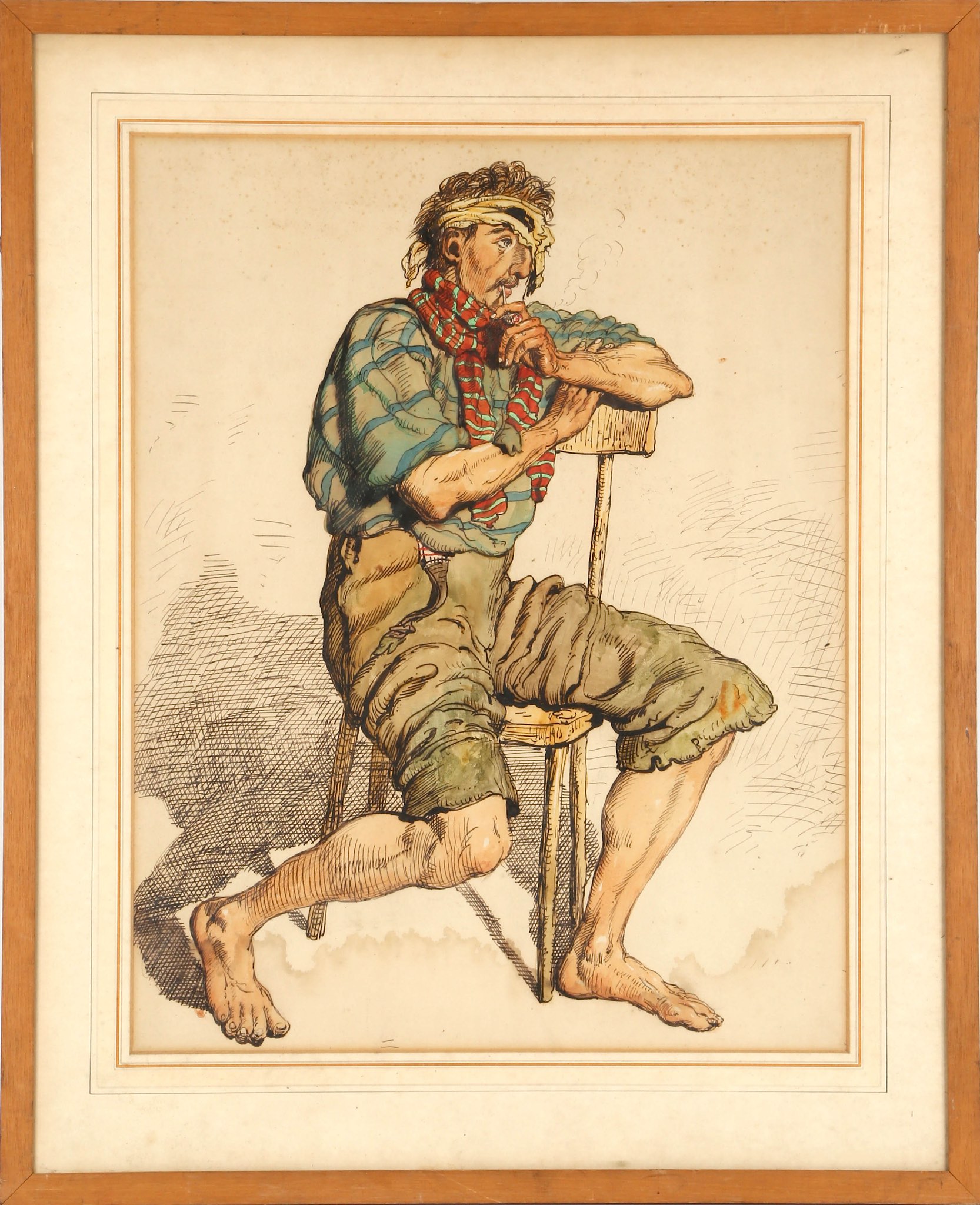 Attributed to Ernest Henry Griset (French; 1844-1907), 'The Pipe Smoker'. Watercolour, pen and ink