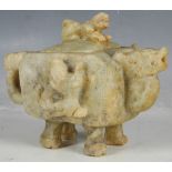 Chinese green jade censor, dog of Fo to lid, box form dragon body, dragons to flanks, 13.5 x 19cm