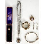 A mixed collection of jewellery to include gold bangle, Victorian stone set stick pin, deal and