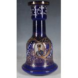 Turkish blue glass hookah base, gilt decoration, enamel scrolls and 3 portraits, 28cm high