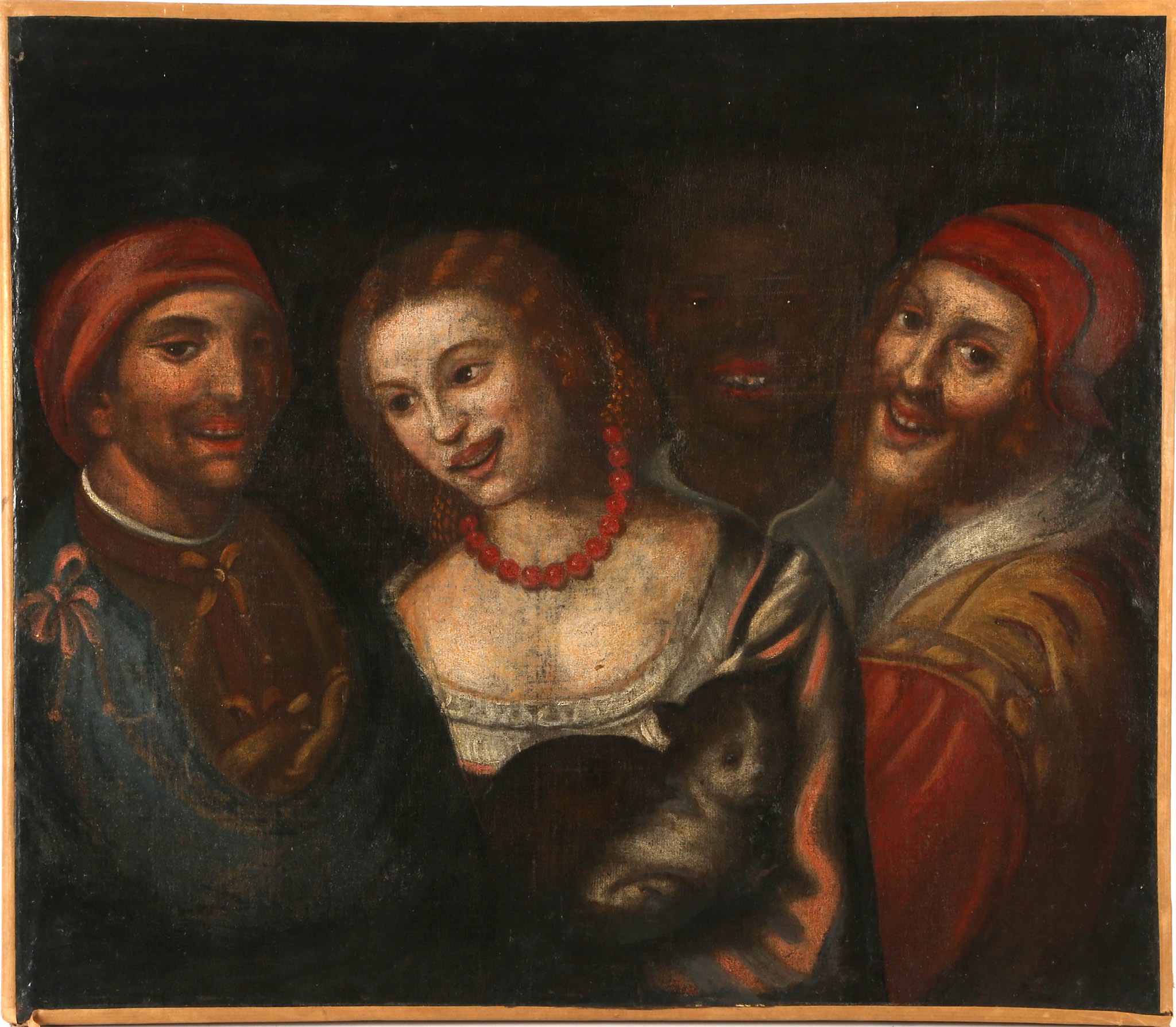17th century Italian School, possibly Venetian, 'The Revellers', oil on canvas. A courtesan, her
