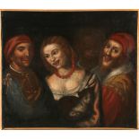 17th century Italian School, possibly Venetian, 'The Revellers', oil on canvas. A courtesan, her