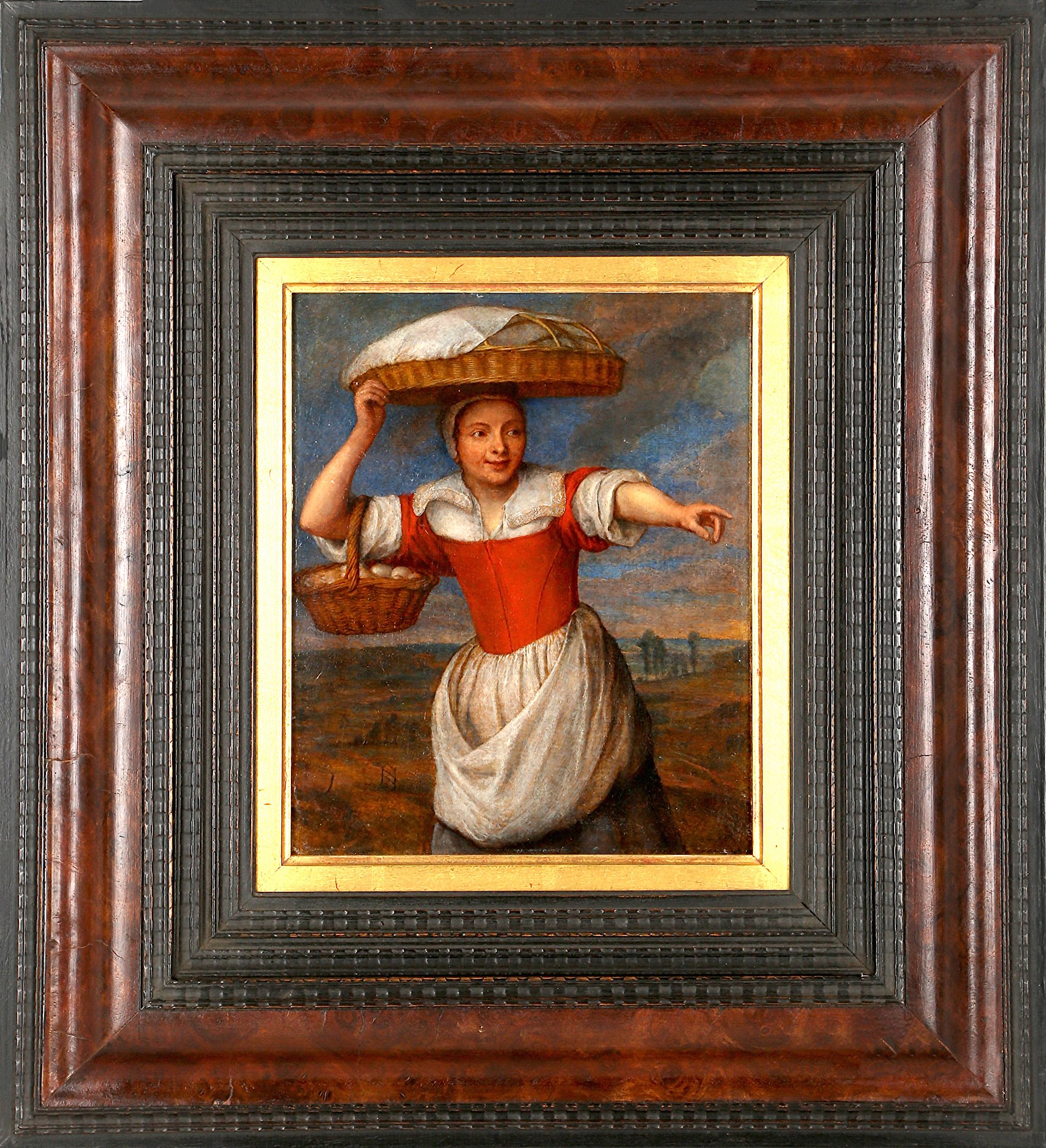 Circle of Pieter Snyers (Flemish; 1681-1752), 'A Maid Carrying a Basket of Eggs, in a Landscape',