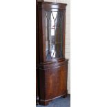 Two glazed mahogany, two tiered floor standing corner cabinets,  45 x 45 x 100cm (2)