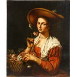 Attributed to Abraham Bloemaert (Dutch, 1564-1651), 'A Young Woman Lifting up a Rose', oil on