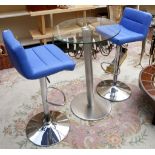 Glass bar table and two blue seat high stools, posts, TV stand and display case