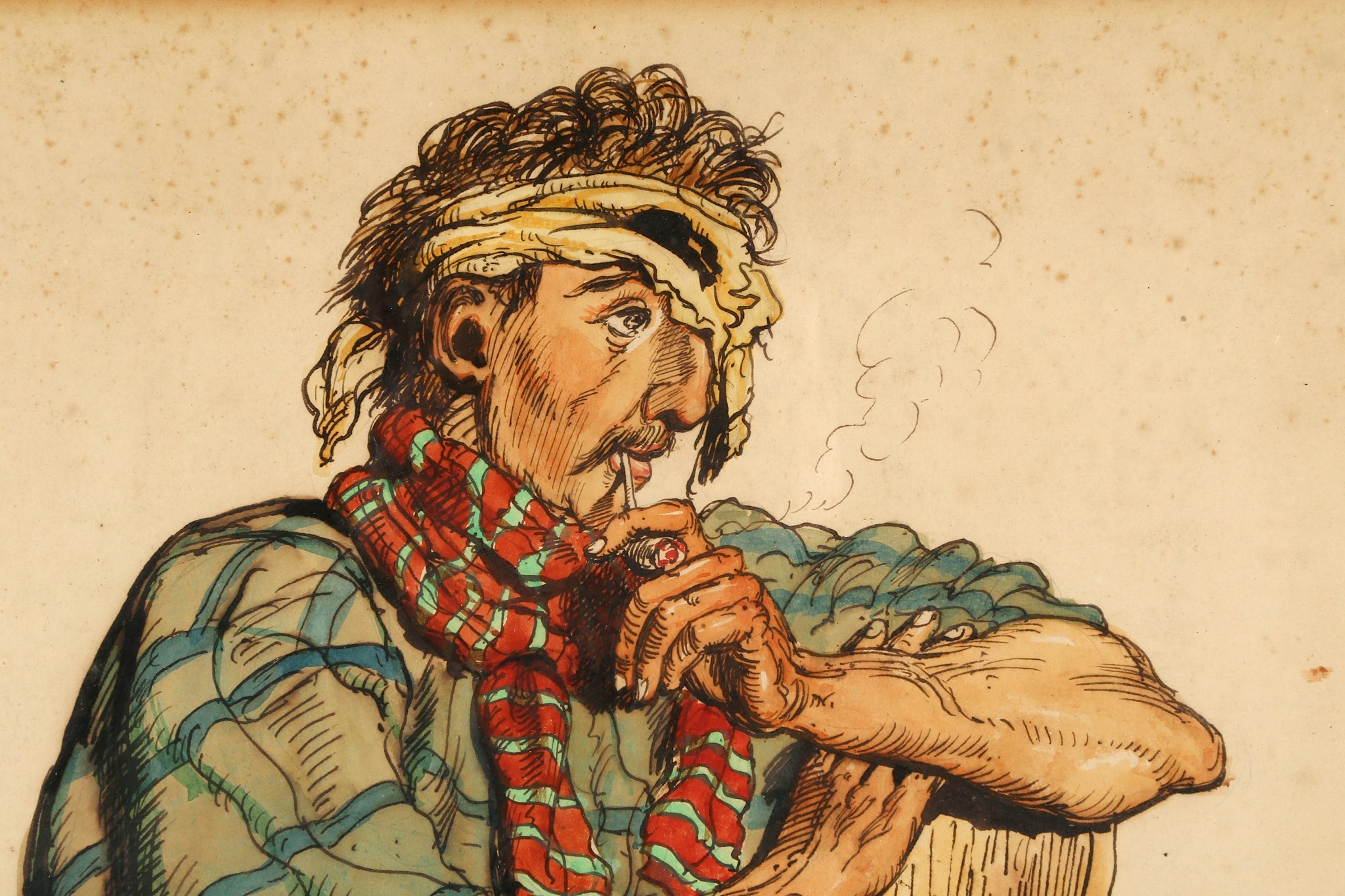 Attributed to Ernest Henry Griset (French; 1844-1907), 'The Pipe Smoker'. Watercolour, pen and ink - Image 2 of 4