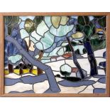 A large stained glass panel with trees and landscape, 98 x 121cm, fitted with wooden frame support