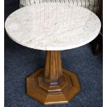 Brown variegated marble top slide table, 61cm dia, walnut octagonal stem and stepped base