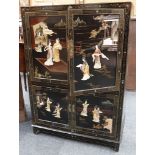 A 'Hong-Kong' black lacquer and stone mounted cabinet, the upper and lower sections with panelled