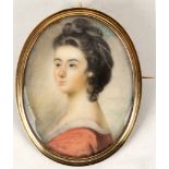 Circa 1760, 'The Baroness Orczy', portrait miniature, mourning brooch of the Baroness in red dress
