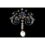 A Victorian sapphire and diamond set pendant with drop pearl