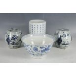 A selection of four Chinese blue and white ceramics, comprising a bitong with calligraphic