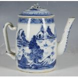 An 18th/19th century Chinese export teapot, blue and white porcelain decorated with pagodas and