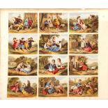 Twelve Kronheim & Co Baxter prints of childhood scenes on one sheet: 'The Itinerant Musician', ("