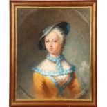 19th century French School, 'Portrait of a Lady in a Blue Bonnet'. Pastel on grey in the oval,