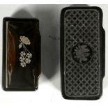 Two 19th century snuff boxes, one with silver butterfly and flowers to lid, 7cm, the other carved