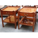 A pair of mahogany lamp tables having gallery, single drawer and supported on square section legs