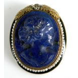 WITHDRAWNA good 19th century 14k gold mounted carved lapis lazuli cameo, the mount with foliate