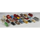 Lesney Matchbox play worn cars ind Austin Taxi, Morris J2 pick up, Wolsey 6-80, Commer pick up,