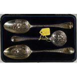 A cased set of hallmarked silver gilt George II and George III berry spoons with sifting spoon,