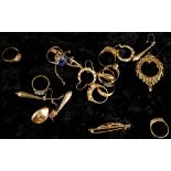 A collection of various 9ct gold ladies rings, brooches, earrings and one open pendant (Qty) (21