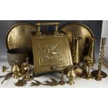 A quantity of brassware to include a cola scuttle with shovel, two indo/reverse trays, barley