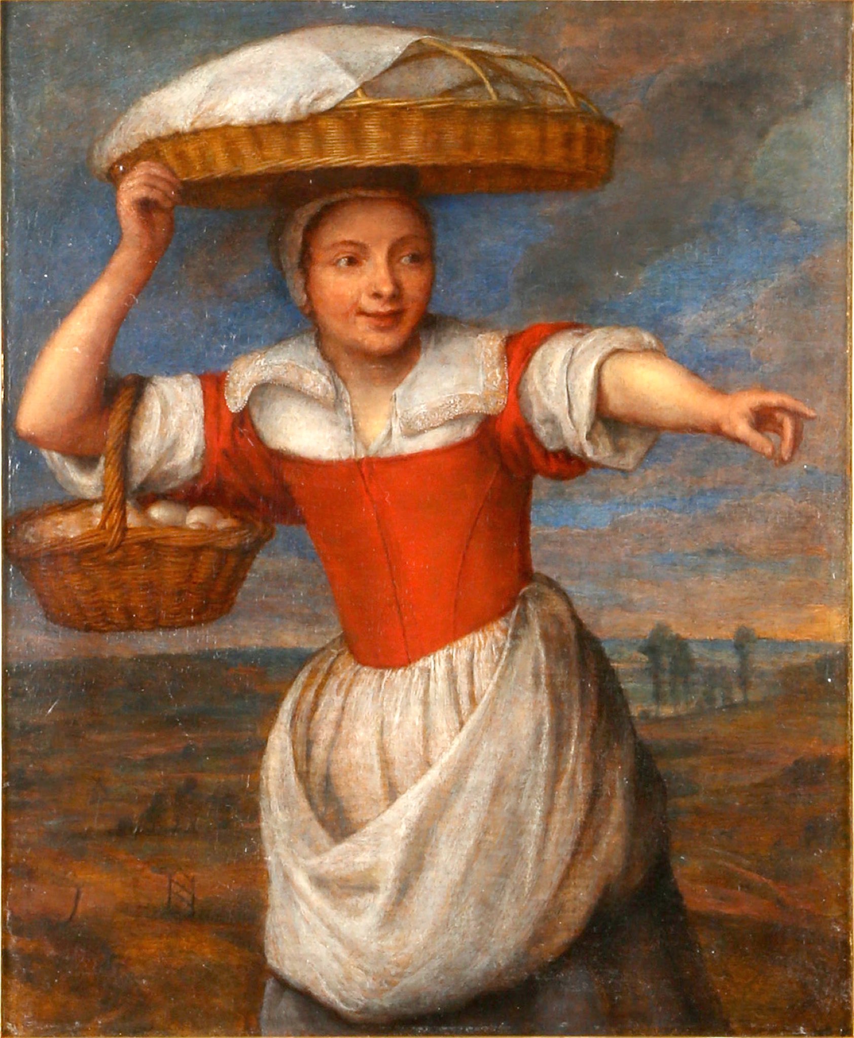 Circle of Pieter Snyers (Flemish; 1681-1752), 'A Maid Carrying a Basket of Eggs, in a Landscape', - Image 2 of 3