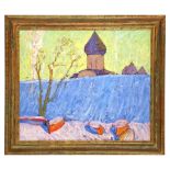 Nikolai Mokrov (Russian; 1926-1996), 'Thaw' ('Ottepel'), oil on card, 1981, in hand-painted frame,