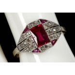A white gold Deco ring set with pink topaz and diamonds