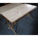 A marble topped wrought iron coffee table, double scrolling iron end supports, 100 x 50cm, sold