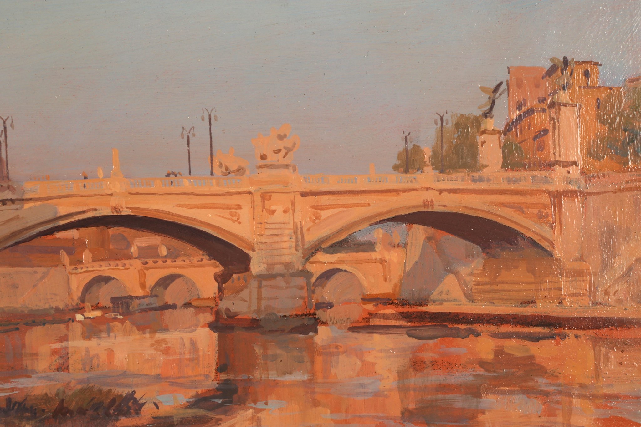 20th century British School, 'Sunset on the Tiber', depicting the Ponte Vittorio Emmanuele II, - Image 3 of 9