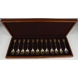 A cased set of twelve RSPB bird finial silver teaspoons, hallmarks for London 1975, sold on behalf
