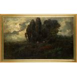 19th century French Barbizon School, 'Poplar Trees with Sheltering Cattle', oil on panel,