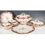 Royal Crown Derby 6 place dinner service, patter 2108, rust brown and gilt floral and abstract