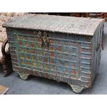 1920's North India teak dome top trunk, metal hinge and banding, double hasp to front, interior of