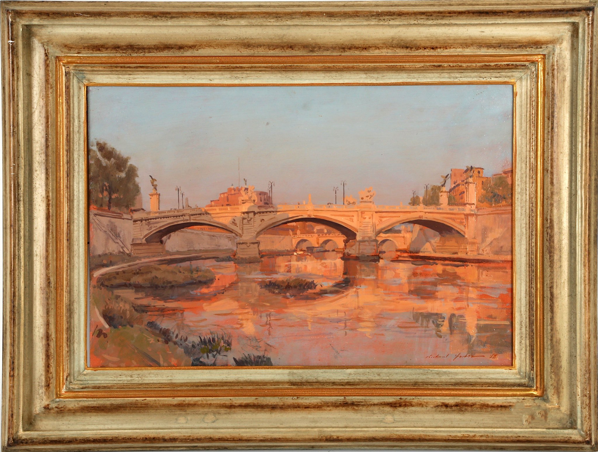 20th century British School, 'Sunset on the Tiber', depicting the Ponte Vittorio Emmanuele II,