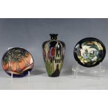 A Moorcroft tube lined ovoid stem vase of Mackintosh design, houses and tulips 15.5cm and two pin