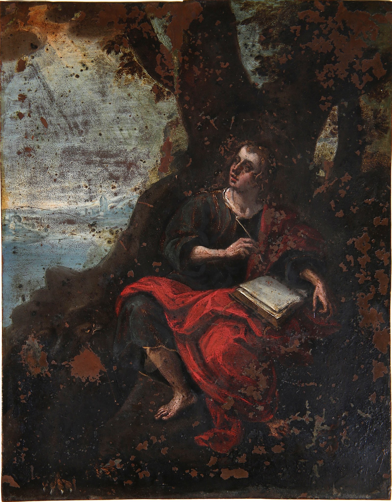 Circle of Denys Calvaert (1540-1619), 'St John the Evangelist at Patmos', oil on copper. Unframed,