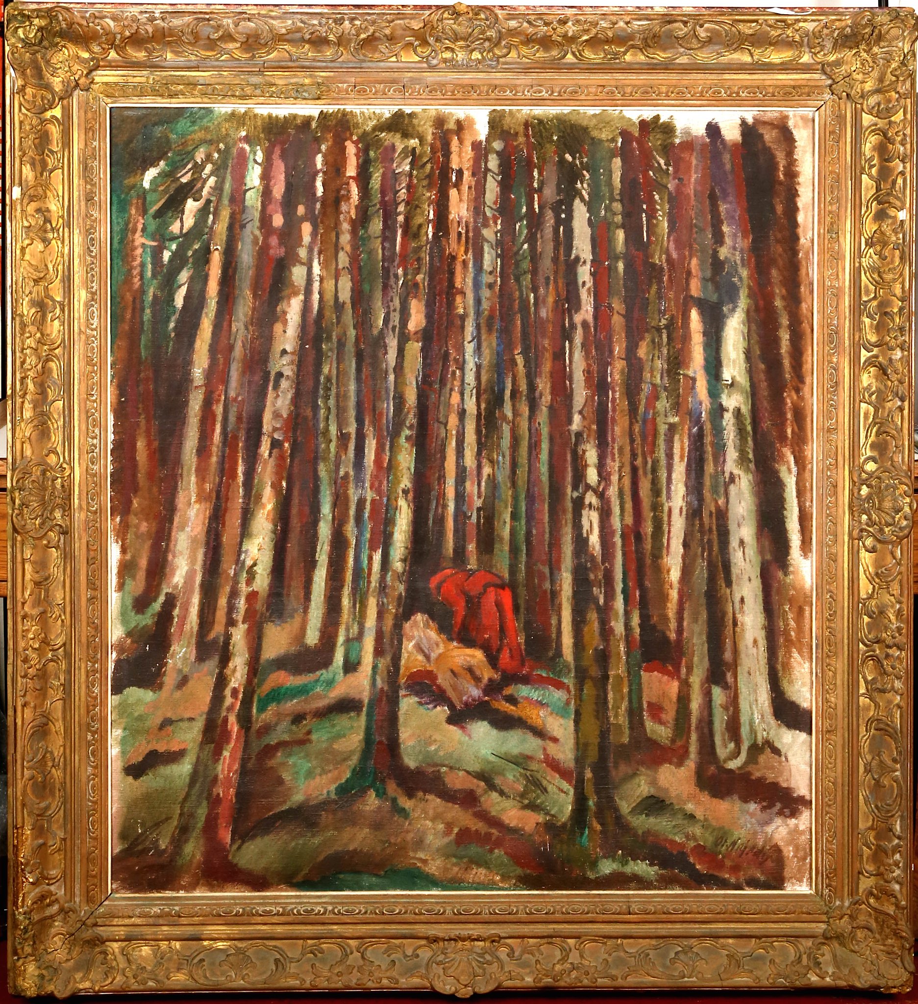 Otakar Nejedly (Czech; 1883-1957). 'The Wood Gatherer', oil on canvas. A red cloaked figure