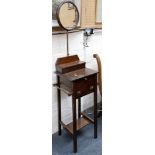 A mahogany floor standing square topped wash stand with circular shaving mirror