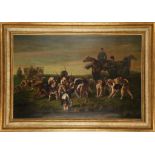 19th century French School, 'Feeding the Pack', oil on canvas hunting scene, unsigned. In a fine
