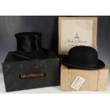 Bowler hat, by Gieves, Bond Street, together with a British silk top hat