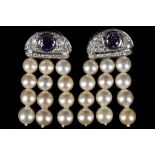 A pair of amethyst and diamond cluster set pearl drop earrings