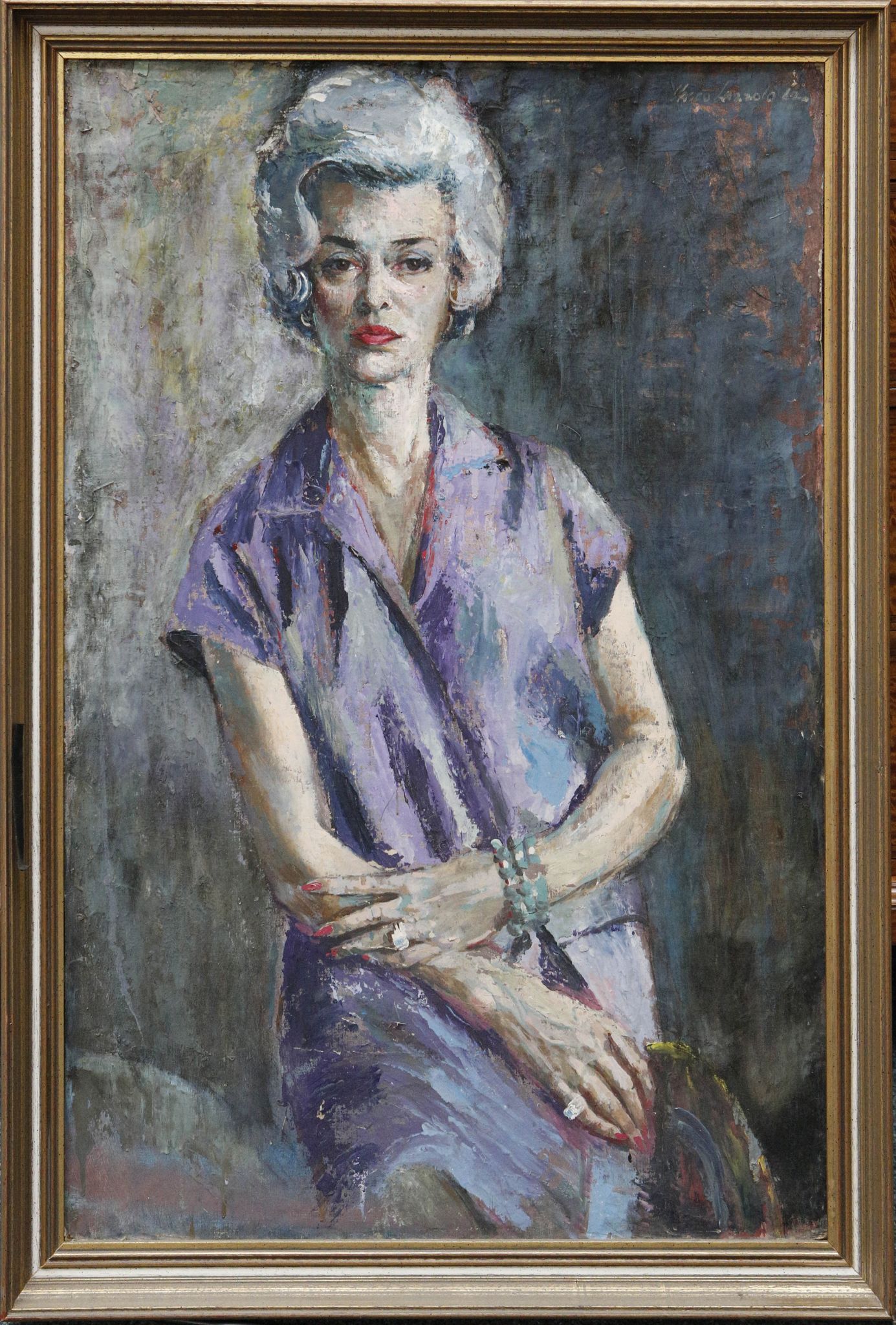 Vasco Lazzolo, oil on panel, portrait of the artist's wife, signed and dated '62, framed, 90 x 60cm