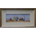 Modern school, an extensive oil painting of Victorian ladies enjoying a day at the seaside, 15 x